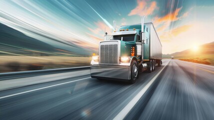 A semi-truck speeds down a highway, the setting sun casting a warm glow on the road