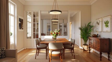 A modern dining room features a wooden table with six chairs, a large window with curtains, and a sideboard. The room has white walls and wooden floors.