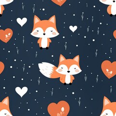Seamless pattern of a cute foxes and hearts. A simple tileble wallpapers with dark blue background