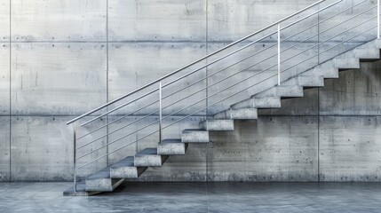 A concrete staircase with a metal handrail rises against a gray concrete wall