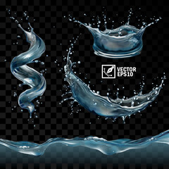 Realistic transparent isolated vector set splashes of water with drops, a splash of falling water in the form of a spiral, crown and circle, a wave with bubbles, black background