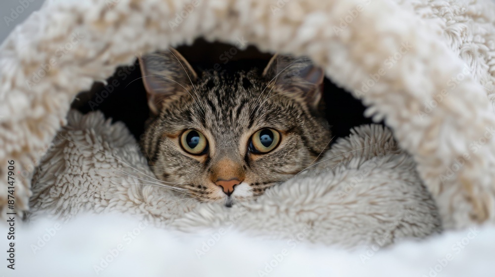 Poster a close-up of a cat peering out from a cozy cat igloo bed.