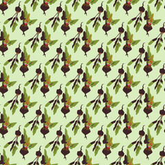 Seamless pattern with beetroot and leaves. Vegetable ornament. Autumn harvest. Simplification of form. Vector