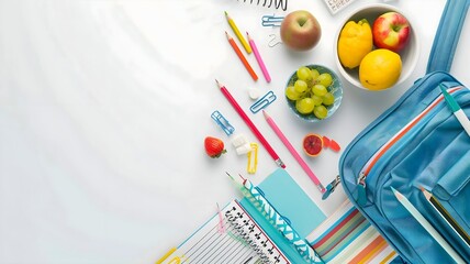  A top-down view of school supplies such as notebooks, pens, and erasers, along with a decent bag filled with books and a fruit, all on a solid white background. 
