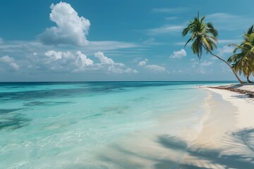 Fototapeta premium A tranquil tropical beach with crystal-clear turquoise waters and palm trees swaying in the breeze 