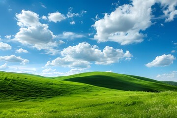 Fototapeta premium Rolling green hills under a bright blue sky with scattered fluffy clouds, a perfect summer day 