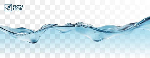 Realistic transparent isolated vector splash of water with drops, a splash in the form of a wave with bubbles