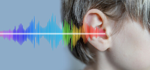 ear closeup, child listening, sound wave, acoustics and sound vibrations, Auditory System, Hearing Test, Cochlear implant, Assistive listening device