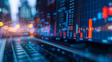 A close-up of a digital business graph with rising bars on a laptop screen.