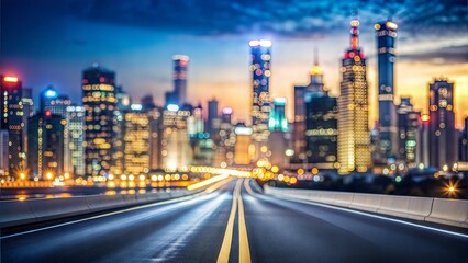 Obraz premium Urban Road Blur: An empty asphalt road with blurred city skyscrapers and bustling city lights. 