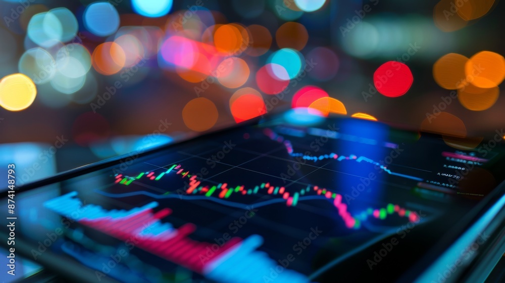 Aufkleber a close-up of a digital stock market graph on a tablet, showing real-time trading data.