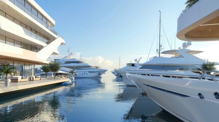 Fototapeta premium A modern marina with docked luxury yachts.