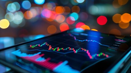 A close-up of a digital stock market graph on a tablet, showing real-time trading data.
