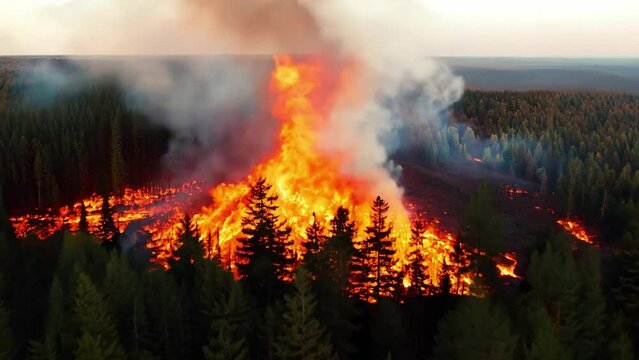 Aerial view of a large fire in a wooded area with big flames and smoke.