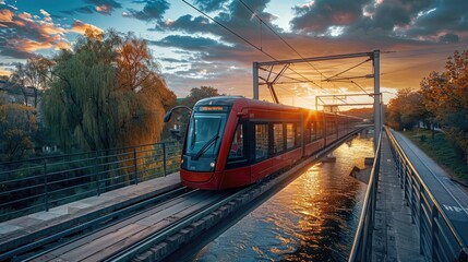 Fototapeta premium A modern tram crossing a bridge over a river