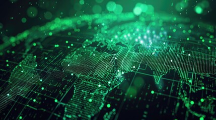 Fototapeta premium Green Tech. Global Communication Network in Futuristic Technology Concept. Abstract Green Background. 3D Render