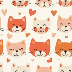 Seamless pattern of a cute cats and hearts. Light wallpapers for a childrens room or textile