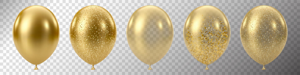 3D realistic gold balloons. Luxury glossy helium balloons isolated.