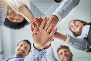 Office, circle and hands of business people for teamwork, collaboration and solidarity for about...