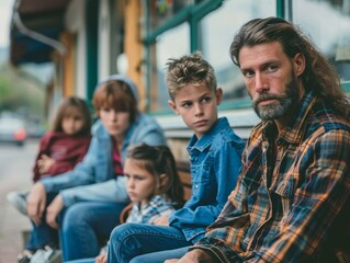 Obraz premium Family of Five Sitting Outside a Shop in a Town.