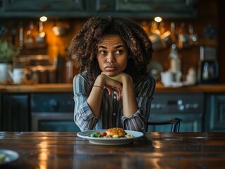 Young Woman Sitting at a Table with a Plate of Food Looking Away with a Thoughtful Expression.