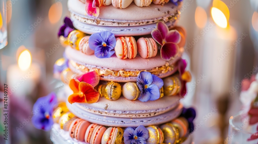 Poster a close-up of a macaron tower with multiple layers, decorated with edible flowers and gold leaf acce