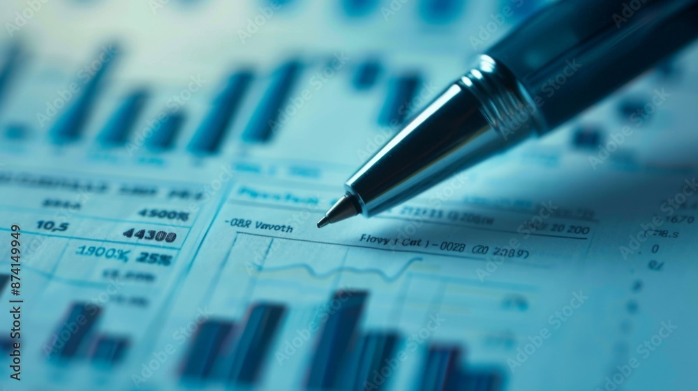 Poster A close-up of a pen pointing at a financial graph on a printed report.