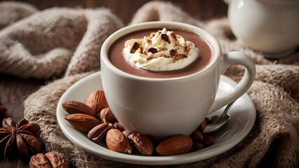 Fototapeta premium there is a hot chocolate drink with whipped cream and nuts on the table, hot cocoa drink, with a cup of hot chocolate, cappuccino, hot coffee, cozy cafe background, high quality food Generative AI