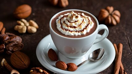 Fototapeta premium there is a hot chocolate drink with whipped cream and nuts on the table, hot cocoa drink, with a cup of hot chocolate, cappuccino, hot coffee, cozy cafe background, high quality food Generative AI