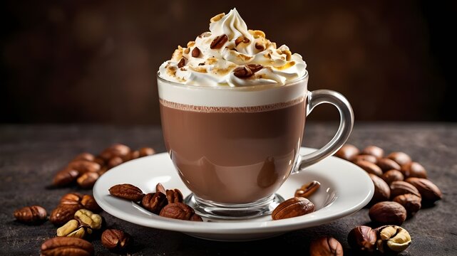 there is a hot chocolate drink with whipped cream and nuts on the table, hot cocoa drink, with a cup of hot chocolate, cappuccino, hot coffee, cozy cafe background, high quality food Generative AI