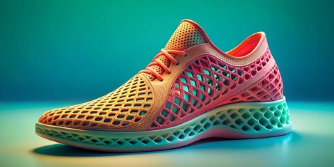 Stylish 3D-printed footwear illustrations feature modern designs and vibrant background colors: 3D printing, digital art, fashion illustration, clothing design, shoe design