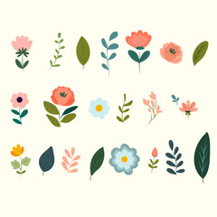 set of flowers and birds elements