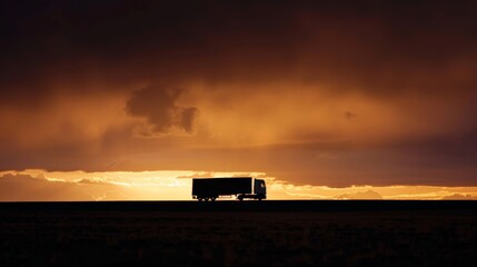 Fototapeta premium A semi-truck drives through the desert landscape at sunset