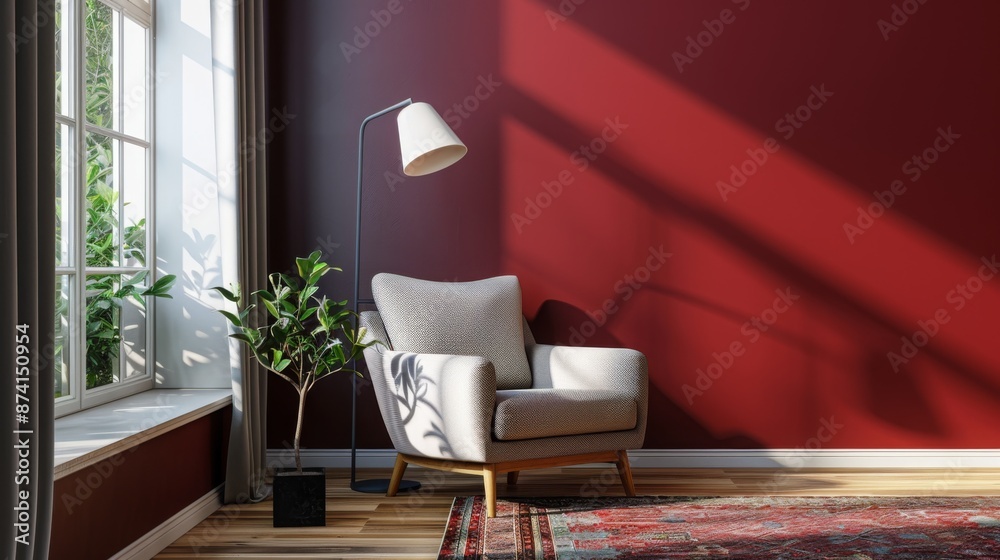 Poster a comfortable armchair sits next to a window with a view of green foliage. a standing lamp and house