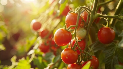 A close-up of cherry tomatoes on a vine, ripening under the sun in a greenhouse.