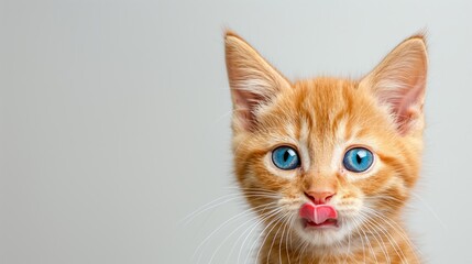 Obraz premium A cute orange kitten with blue eyes and a pink tongue. The kitten is looking at the camera with a curious expression