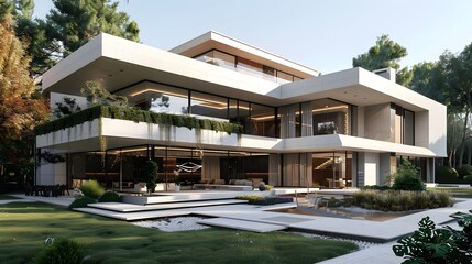 Modern Luxury Home with Expansive Glass Windows and Lush Greenery