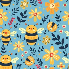 Fototapeta premium Seamless pattern of funny Bees and flowers. Print for wallpapers or textile