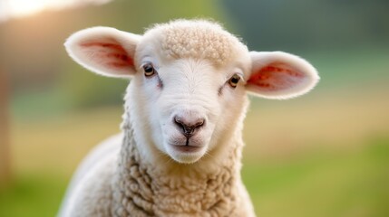 A baby sheep is looking at the camera with its eyes wide open. The sheep is standing in a grassy field, surrounded by trees. Concept of innocence and curiosity