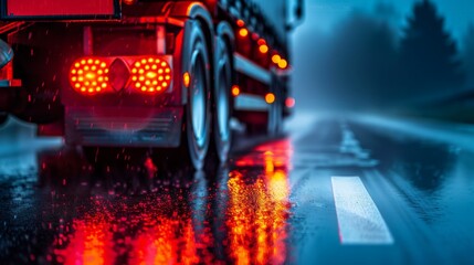 A large truck drives down a wet road at night, its taillights reflecting in the puddles