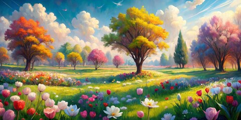 Vibrant Spring Meadow Watercolor Background AI Generated