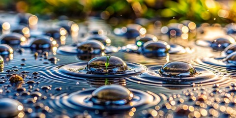 Water Droplet with Plant Reflection and Golden Bokeh