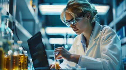 Portrait of an attractive female scientist in a medical research laboratory, using a digital laptop computer to analyze liquid biochemicals in a laboratory flask. Illustrates advanced scientific work