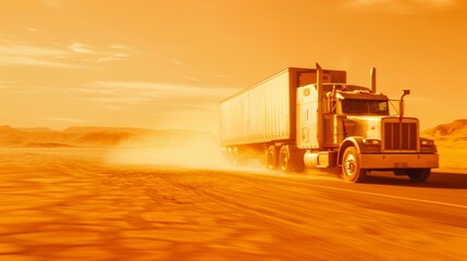 A large semi-truck speeds through a desert landscape, kicking up dust as it drives