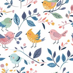 Seamless pattern a cute drawn birds, berries and flowers. Nice light wallpapers, white background