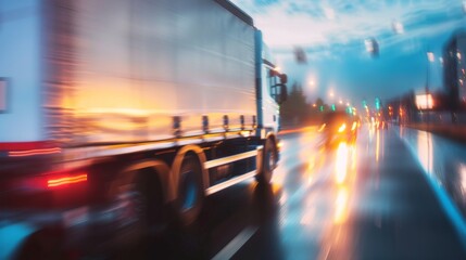 Fototapeta premium A semi-truck speeds along a wet highway in the nighttime