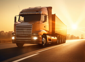 A semi-truck hauling a tanker trailer drives down a straight highway towards a colorful sunset.