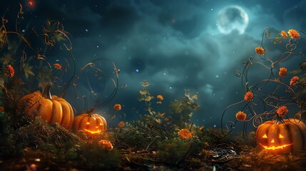 Enchanted pumpkin patch with glowing vines, Halloween backdrop, space for text,