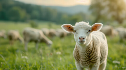 Obraz premium Peaceful Meadow with Grazing Sheep, Tranquil Rural Landscape, Serene Pasture, Lush Green Grass, Sunny Day, Countryside Scenery, Farm Animals, Idyllic Setting, Beautiful Nature, Calm Atmosphere,