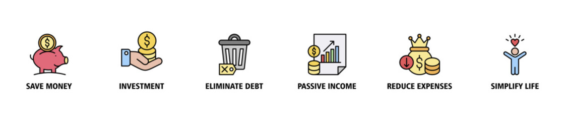 Financial freedom banner web icon set vector illustration symbol concept with icon of save money, investment, eliminate debt, passive income, reduce expenses, simplify life